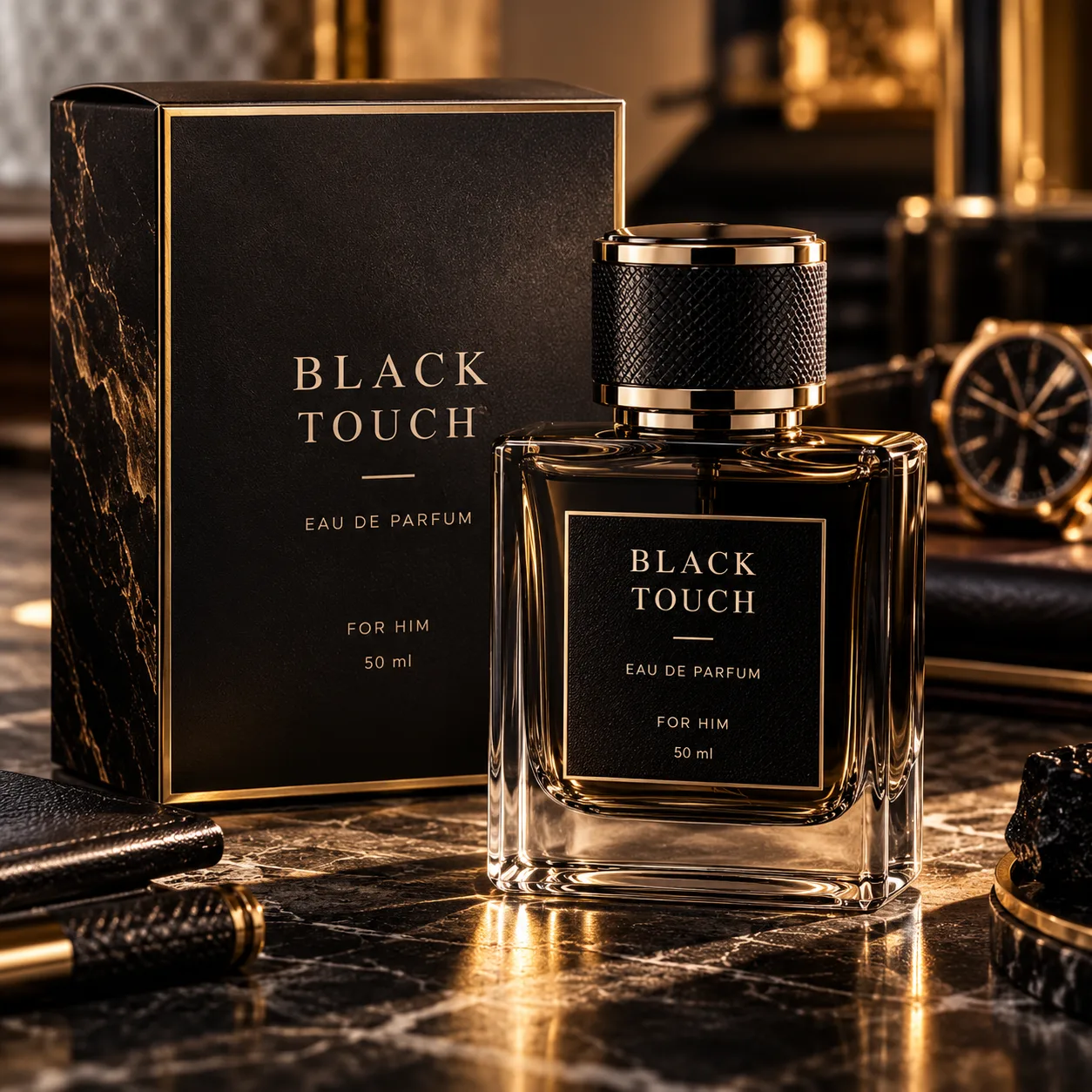 Parfumul Black Touch Eau de Parfum 50 ml lângă cutia neagră cu detalii aurii, pe marmură, alături de un ceas.