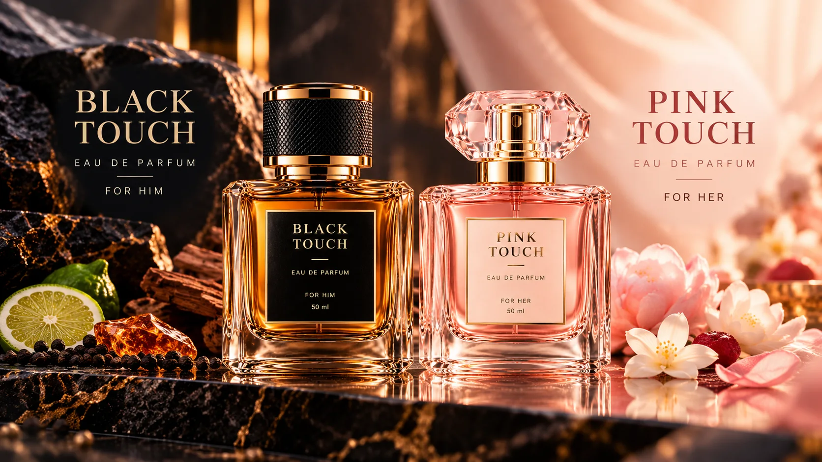 Parfumurile Black Touch și Pink Touch, Eau de Parfum 50 ml, alăturate pe marmură, între flori roz și citrice.