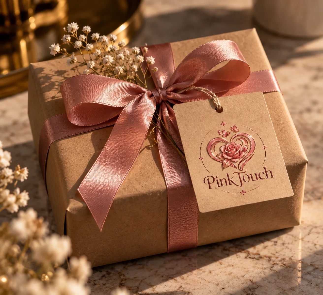 Cadou Pink Touch împachetat în hârtie kraft, cu panglică de satin roz și eticheta cu logo-ul Pink Touch.