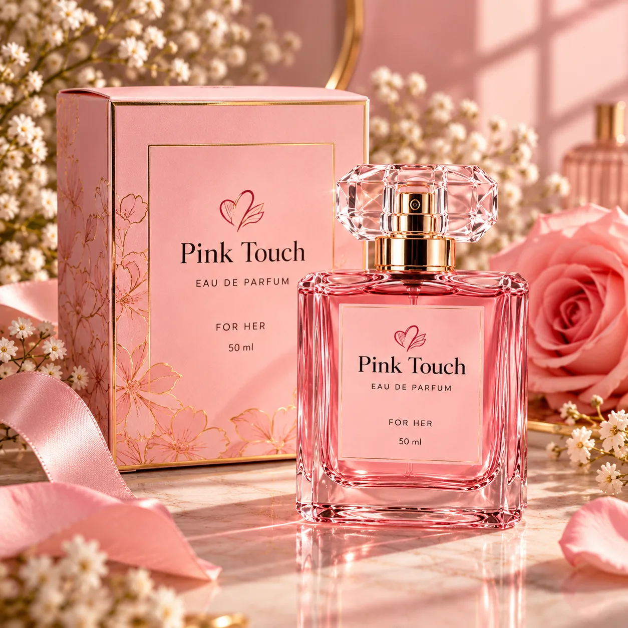 Parfumul Pink Touch Eau de Parfum 50 ml lângă cutia roz cu detalii aurii, trandafiri și flori albe.