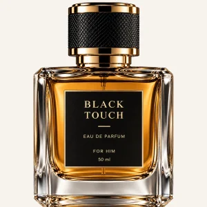 Black Touch Eau de Parfum pentru bărbați 50 ml, flacon transparent cu lichid ambră, etichetă neagră și detalii aurii.