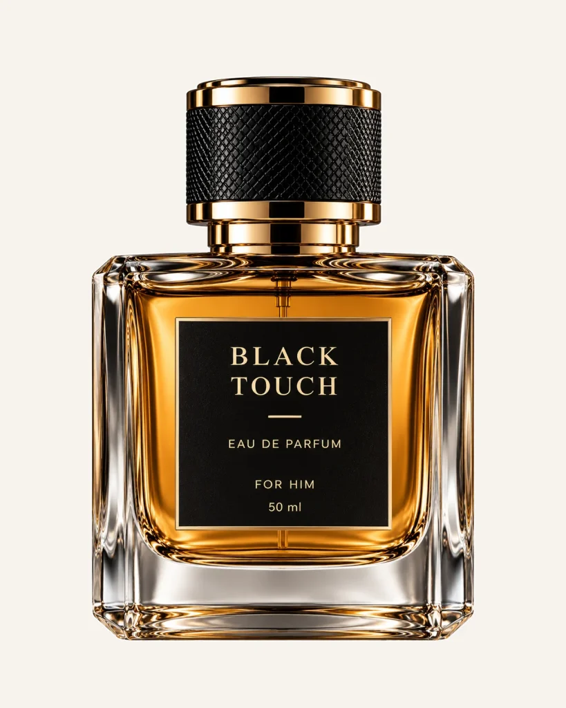 Black Touch Eau de Parfum pentru bărbați 50 ml, flacon transparent cu lichid ambră, etichetă neagră și detalii aurii.