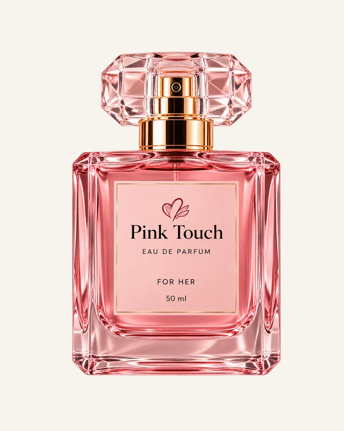 Parfum Pink Touch Eau de Parfum pentru femei 50 ml, flacon roz cu detalii aurii.